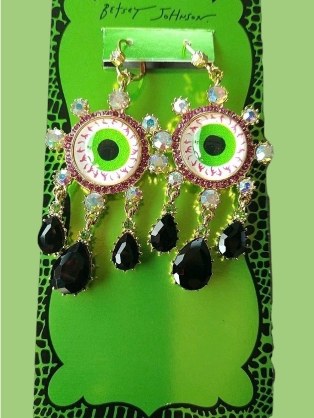 Betsey Johnson Lime Green Eyeball Drop Earrings with Black Teardrops